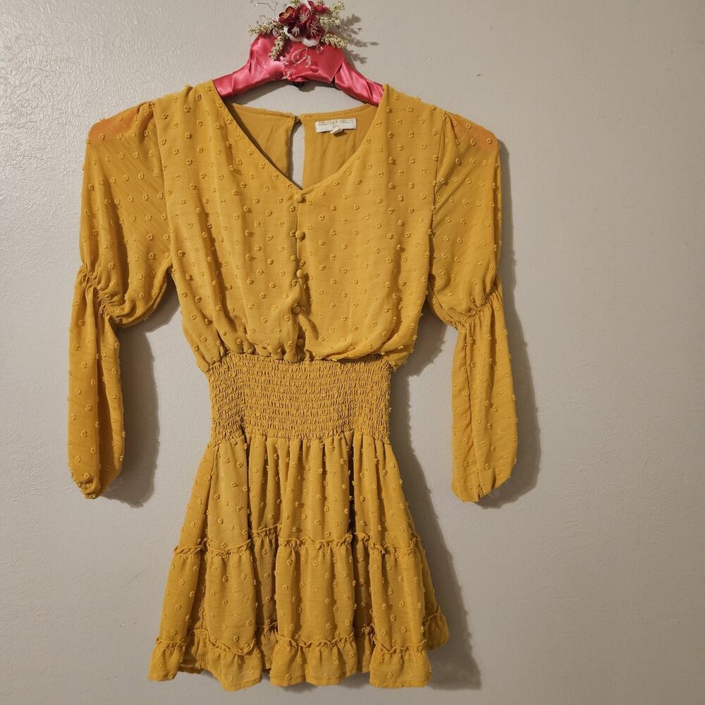 Chelsea & Violet Y2K Mustard Yellow Smocked Mini Dress/shirt Puff Sleeve M
